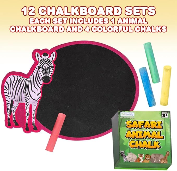 ArtCreativity Safari Animal Chalkboard Sets - Pack of 12-1 Colorful Animal Chalk Board + 4 Colorful Chalks - Small Chalkboards - Assorted Colors - Great Party Favor - Amazing Gift Idea for Kids