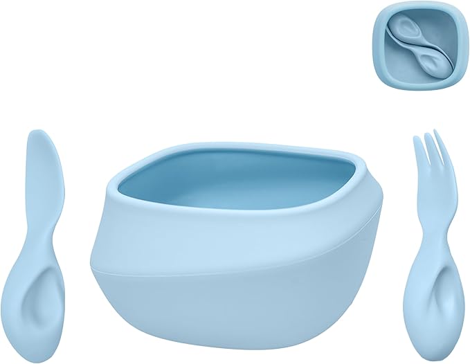 Toddler Utensils Set Ergonomic Fork and Spoon and Bowl Set Non-Slip Design for baby 12+ Month Self-Feeding Olds BPA Free Silicone Microwave and Dishwasher Safe Fine Motor Skills (Blue)