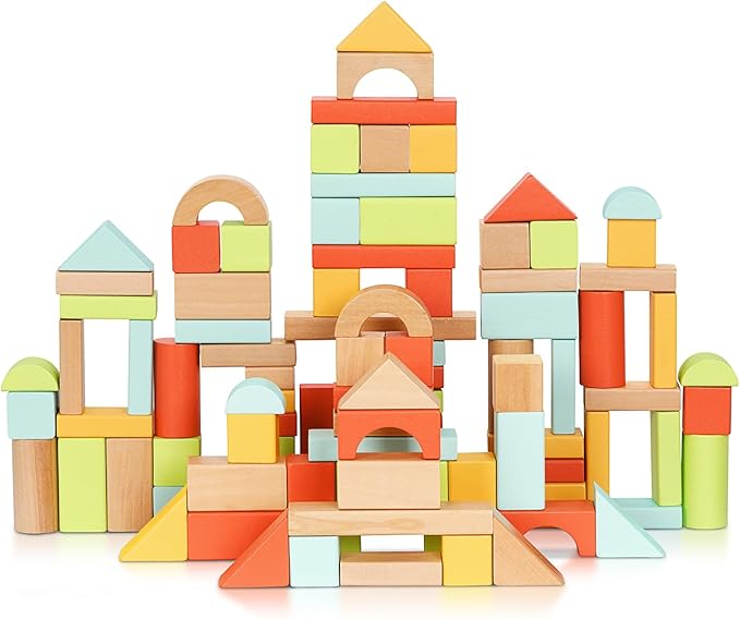 100pcs Building Blocks for Toddlers 1-3, Wooden Blocks for Kids with Storage Bucket and Shape Sorter Lid, Montessori Toys for 1 2 3 Year Old, Learning Toys for Preschool Girls and Boys