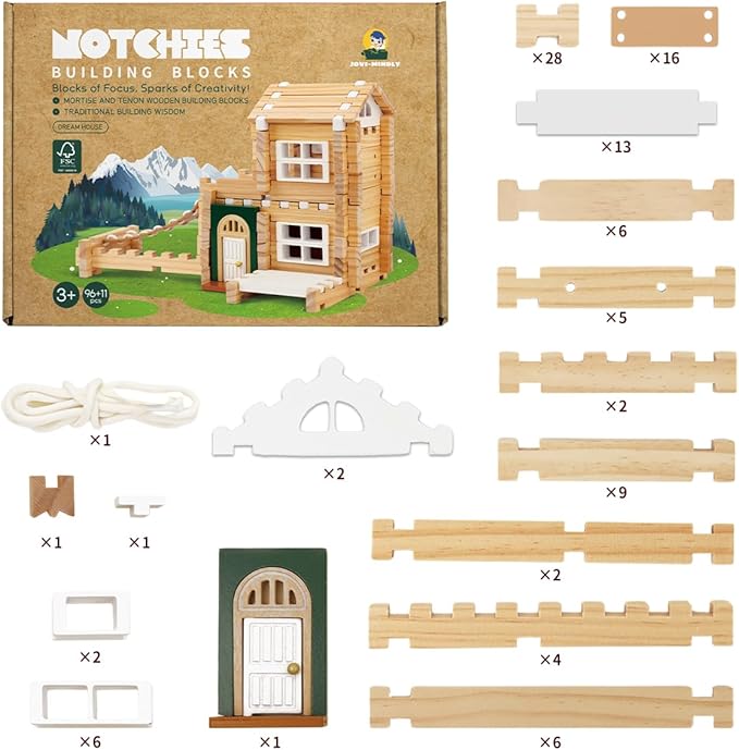 Jovi-mindly Dream House Building Blocks Set Wooden Blocks Toys (107 pcs) with Door and Windows, Educational Classic Wooden Blocks for Toddlers Ages 3+ Boys and Girls Aged,FSC Certified