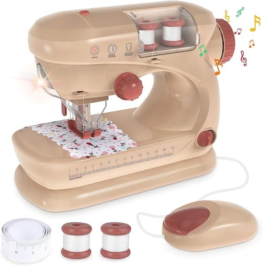 deAO Sewing Machine for Beginner, Safe Small Sewing Kit with Music Pre-Threaded Thread Fabric, Pretend Play Arts and Crafts Toys Gift for Kids Ages 8-12 Childrens Girls Boys for Birthday Christmas