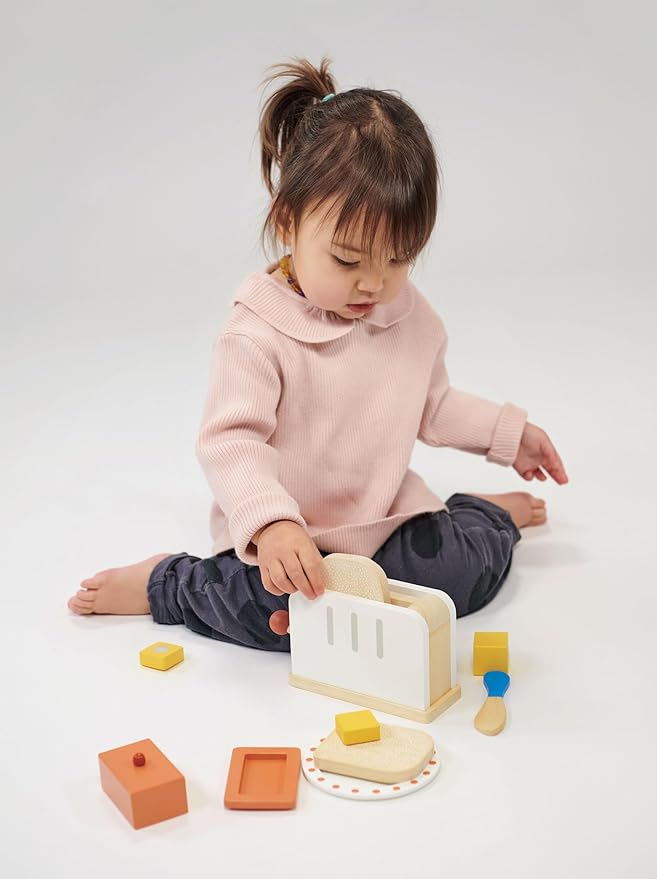 Mentari Toys - Rise and Shine Toaster Set - 10 Pcs Classic Wooden Pop Up Toaster Toy for Pretend Cooking - Develops Social, Creative & Imaginative Skills Learning Role Play - Age 3+