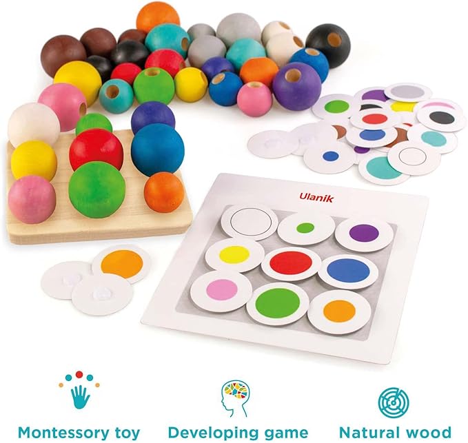 Ulanik Balls on Board Toddler Montessori Toys for 3 Year Old + Kids Wooden Peg Sorter Game for Learning Color Sorting and Counting Preschool Education — 36 pcs