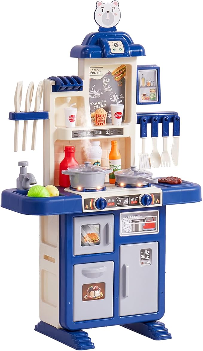 VEVOR Kids Kitchen Playset 48PCS, Pretend Play Kitchen with Cooking Stove with Steam, Sounds and Lights, Play Sink and Play Food, Toy Kitchen Set for Toddlers (Blue) Size 18.5" x 9.4" x 30.7"