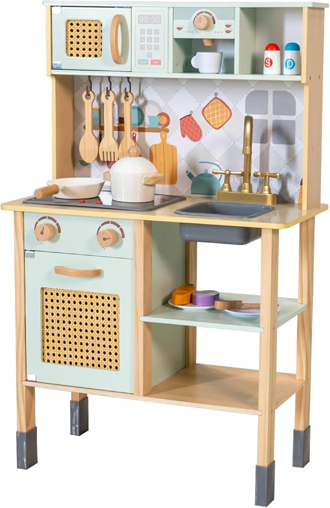 Garsing Play Kitchen for Kids Toddlers with Sounds, Wooden Kids Kitchen Playset with Realistic Features, Modern Toy Kitchen Sets with Storage and Accessories for Boys Girls, Age 3+, Green