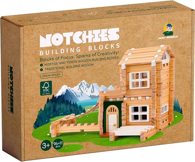 Jovi-mindly Dream House Building Blocks Set Wooden Blocks Toys (107 pcs) with Door and Windows, Educational Classic Wooden Blocks for Toddlers Ages 3+ Boys and Girls Aged,FSC Certified