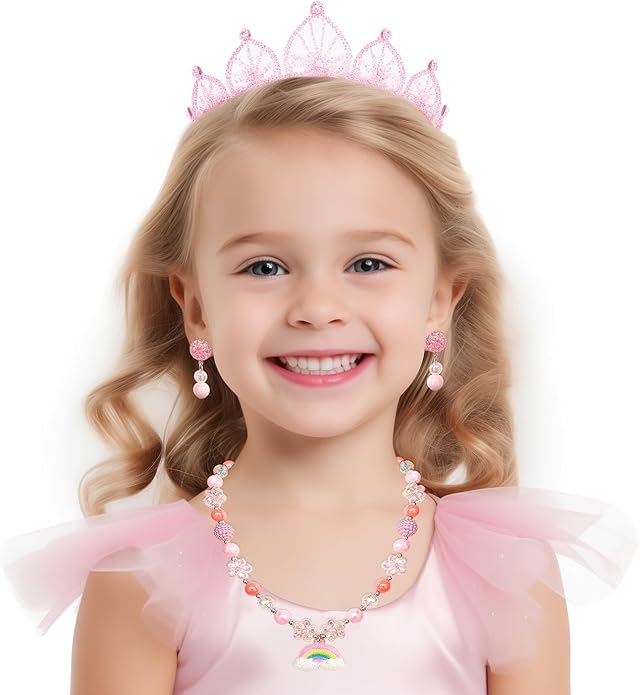 4 Sets Baby Girl Unicorn Necklace Bracelet Set Dress up Princess Pretend Play Necklace Bracelet Jewelry Gift for Toddlers Kids Jewelly Set in Gift Box