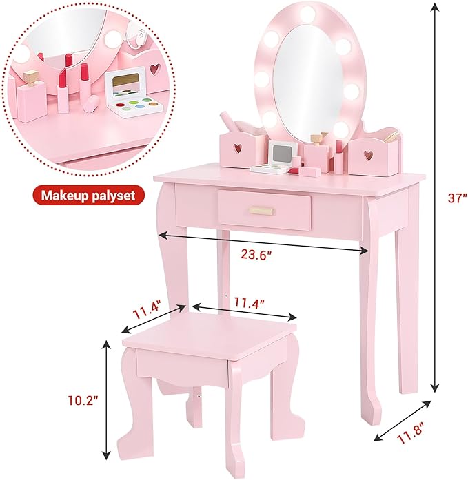 Kids' Vanity Set with Mirror and Light, Makeup Table and Stool for Girls, Vanity Table and Chair Set with Wood Makeup Playset for 4-9 Girls, Pink (Batteries Not Included)