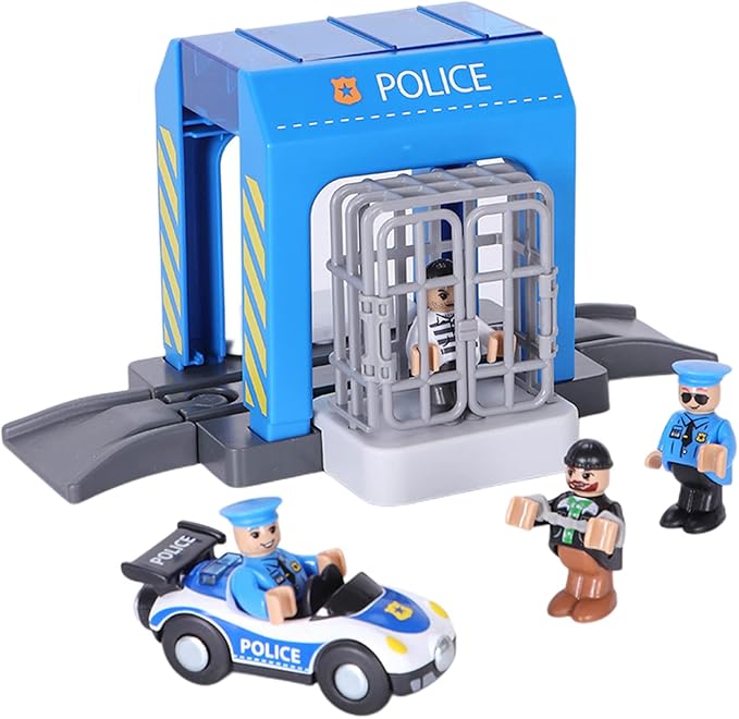 Police Station Playset Toy for Wooden Train Track,Creative City Police Scenes Pretend Play Toy Vehicles Train Accessory Preschool Learning Educational Toys for Toddlers Kids