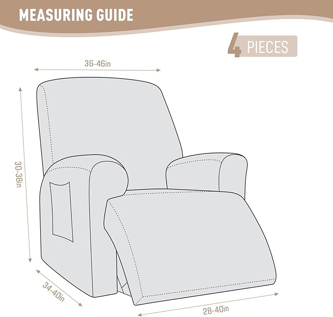 KinCam Recliner Covers, Stretch Reclining Chair Covers, Recliner Sofa Slipcovers Stripe Jacquard Recliner Couch Covers Furniture Protector Covers for Pet Kid (1 XL Seater, Cream)