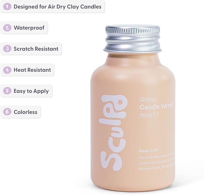 Sculpd Glossy Clear Coat Candle-Making Acrylic Varnish for Acrylic Painting - Fire Safe Colorless Scratch Resistant High Gloss Varnish for Clay Candles & Pottery - Air Dry Clay Glaze Sealer, 70ml