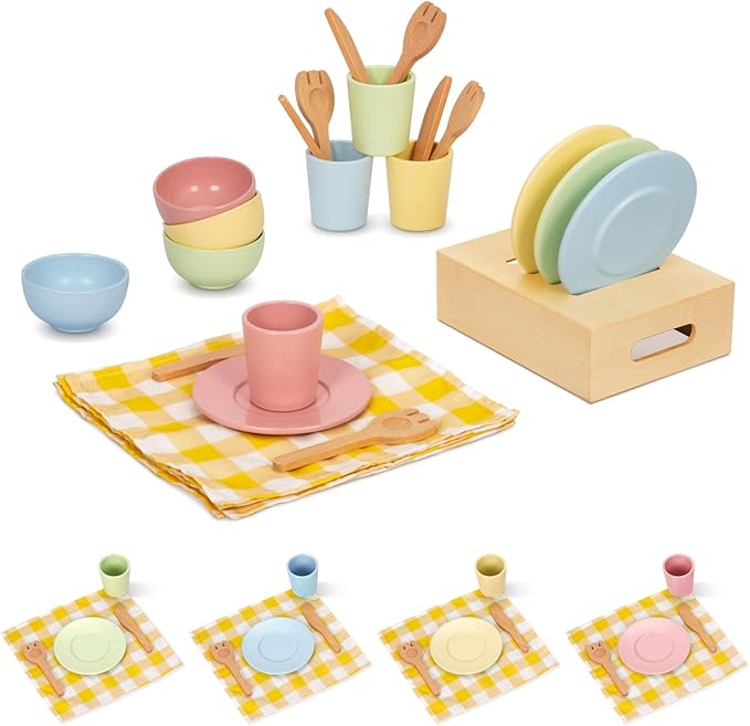 Wooden Play Dishes and Plates for Kids Kitchen Set, 25 PCS Wooden Play Kitchen Accessories, Pretend Montessori Kids Pots and Pans Playset for 3+ Toddlers