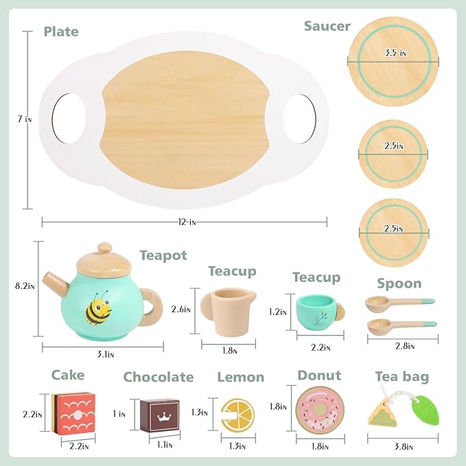Wooden Tea Set for Toddlers Pretend Play Kitchen Accessories Little Girl Toys Tea Party Set with Wooden Toys for Afternoon Tea Pretend Play for Toddlers 3-5