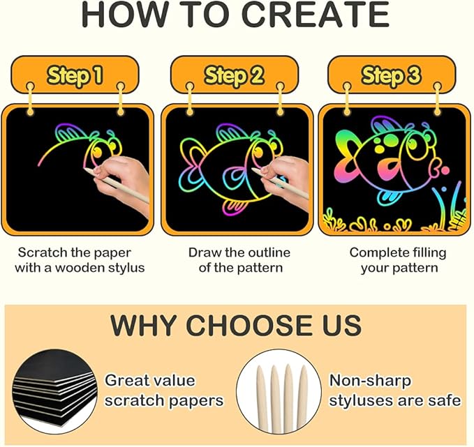 Scratch Valentines Day Gifts for Kids: 56 Pcs Magic Scratch Off Paper Children Art Crafts Set Kit Supplies Toys Black Scratch Sheets Notes Cards for Easter Basket Stuffers Boys Girls Birthday