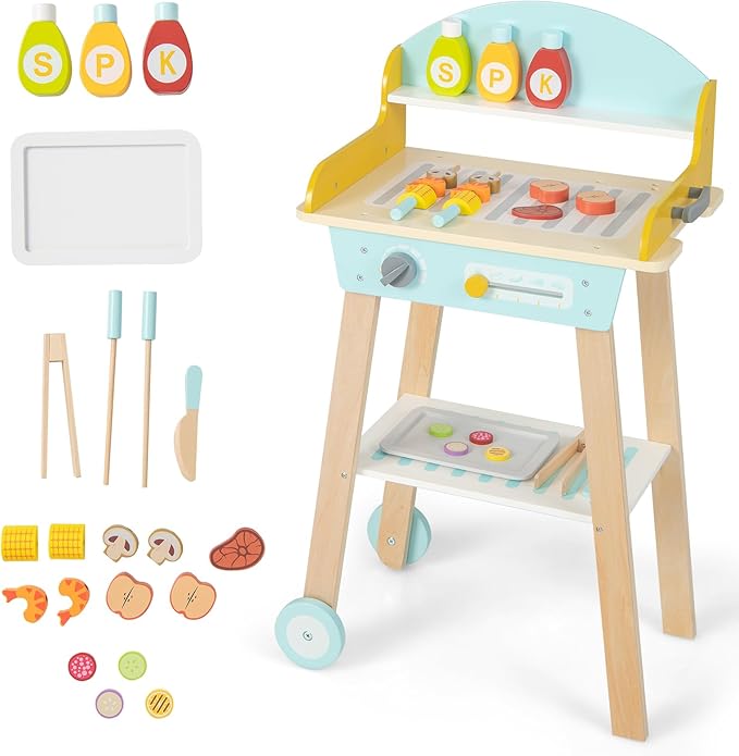 INFANS Kids Grill Playset, Wooden Pretend BBQ Toy Set with 21 Food Accessories, Role Play Kitchen Cooking Set Gift for Toddlers Boys Girls Age 3+