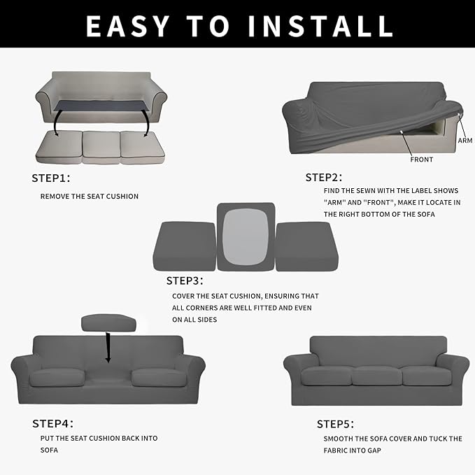 Easy-Going 100% Dual Waterproof Oversized Cover Stretch Soft Couch Cover for Dogs, Sofa Slipcover for 3 Separate Cushion Couch Leakproof Furniture Protector for Kids, Pets Gray