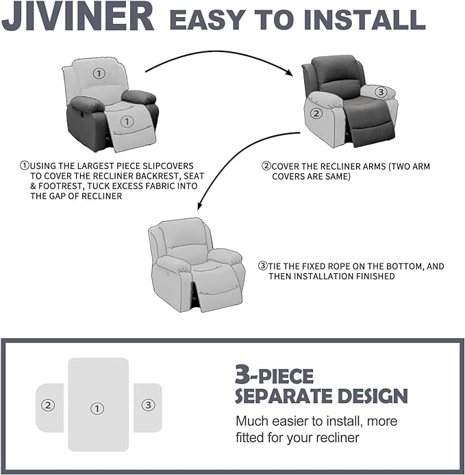 JIVINER Recliner Chair Covers, Jacquard 3 Piece Slipcovers for Recliner Chair Soft Stretch Lazy Boy 1 Seater Reclining Protector with Pockets (Recliner, Brown)
