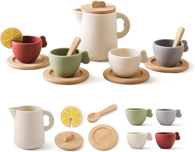 Wooden Tea Set for Little Girls, Enchanting Tea Party Set Silicone Tea Set Teapot Cups Carrying Scoop Kids Kitchen Accessories Toys Toddler Tea Set Girls Gift