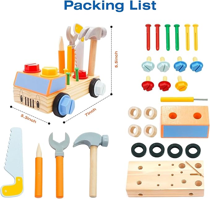 STEM Montessori Wooden Construction Toy Car Set with Real Tools for Kids Ages 3+ | Early Educational Building Kit, Fine Motor Skills Activity Gift for Boys & Girls