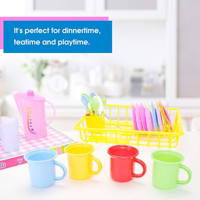 PowerTRC Kids Pretend Play Dishes Playset, Durable Kitchen Toys and Tea Set for Children, Wash and Dry Tea Playset with Dish Rack and Accessories (27 Pieces)