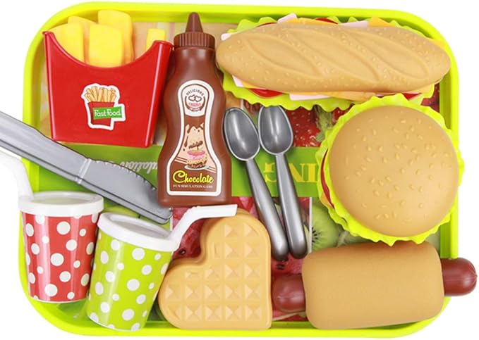 Pretend Play Fast Food Set, Play Food for Kids Kitchen - Play Kitchen Accessories - Toy Foods with Play Burger and Hot Dog Plastic Food for Pretend Play, Kids Toddler Childrens Birthday Gifts