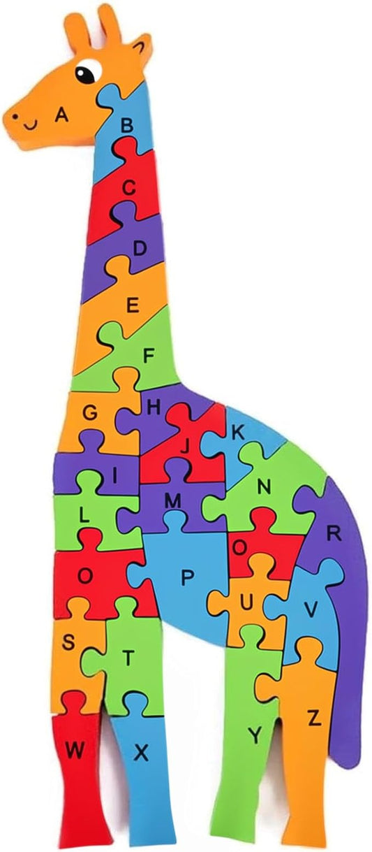 LovesTown Giraffe Wooden Puzzle, 26PCS Jigsaw Alphabet and Number Blocks, Educational Toy for Toddlers, Ideal for Gifting and Learning