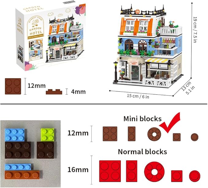 City Garden Hotel Building Sets,House Architecture Model Blocks Toys for Adults & Teens,1300 PCS Mini Bricks with LED(Not Compatible with Lego)