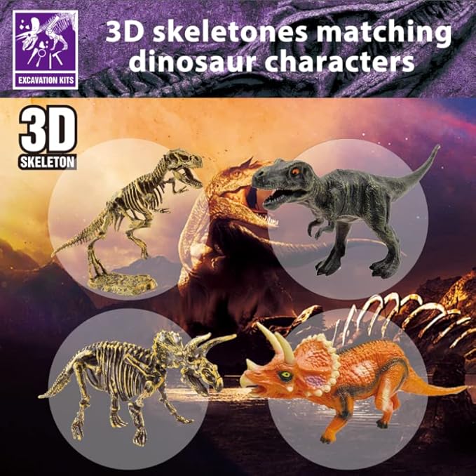 Dinosaur Fossil Dig Kit, Dino Excavation Kits for Kids, Educational Science Kits, Dinosaur Toys for Kids, Dig up 2 3D Skeleton Puzzles and 2 Dinosaur Figures Including T-Rex, Triceratops