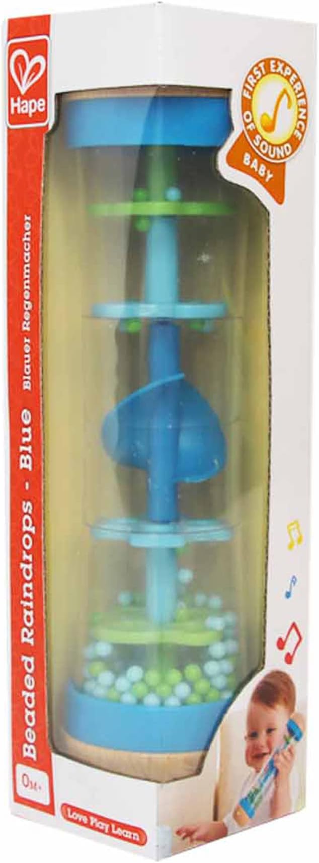 Hape Beaded Raindrops | Mini Wooden Musical Shake & Rattle Rainmaker Toy, Blue, Model Number: E0328B