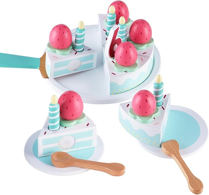 Wooden Birthday Party Cake Toys,Pretend Play Food for Toddlers 1-3, Birthday Cutting Cake Toy with Candles and Numbers, Montessori Tea Party Learning Kitchen Toys for Boys Girls
