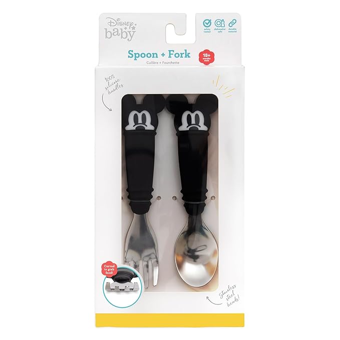 Bumkins Disney Toddler Utensils, Kids Size Fork and Spoon Set, Silicone and Stainless-Steel Training Silverware, Fork / Spork for Self-Feeding, Children Learning to Eat, 18 Mos Up, Mickey Mouse