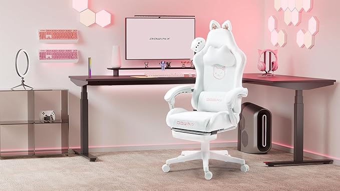 Dowinx Gaming Chair Cute with Cat Ears and Massage Lumbar Support, Ergonomic Computer Chair for Girl with Footrest and Headrest, Comfortable Reclining Game Chair 290lbs for Adult, Teen, White