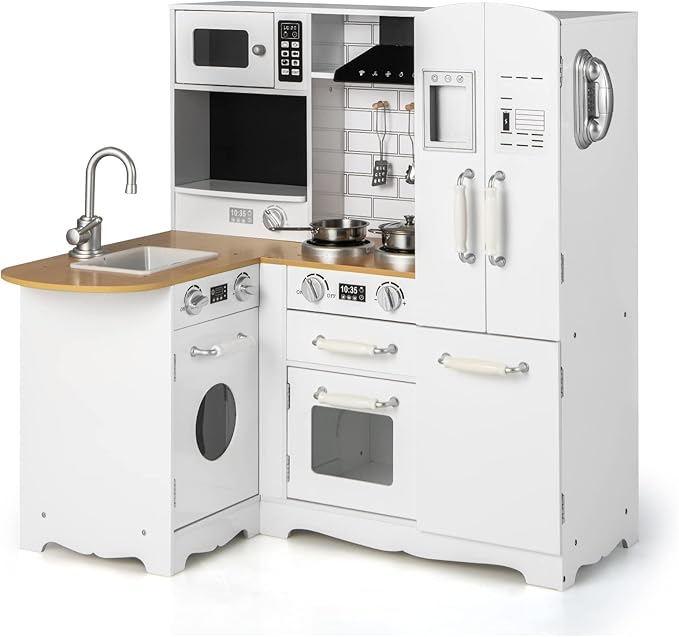 HONEY JOY Corner Kids Kitchen Playset, Little Chef Wooden Play Kitchen for Toddlers, Microwave, Refrigerator, Water Dispenser, Range Hood, Cookware, Pretend Play Toy Kitchen Set w/Lights and Sounds