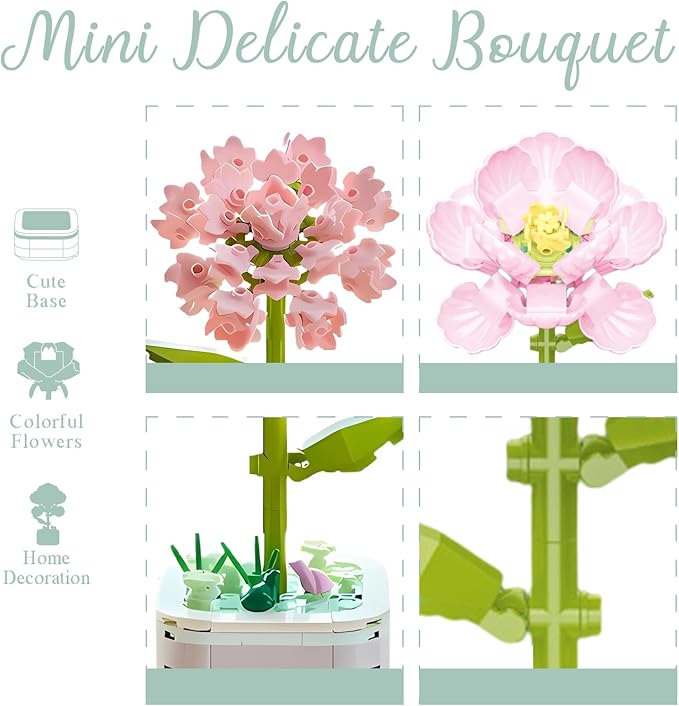 Flower Bouquet Building Set with Base, Flower Building Set Artificial Plant Flowers Building Blocks for Home Office Decor, Birthday Gifts, Desktop Trinkets Age 6+
