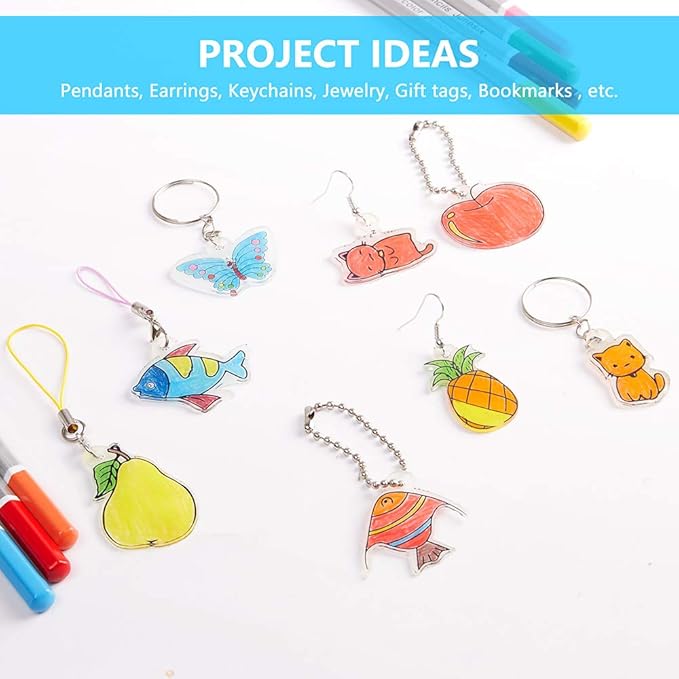 Shrink Plastic Sheet Kit, 166 Pcs Shrink Art Kit Include 10Pcs Shrink Film Paper and 8 Pcs Shrinky Art Paper with Pattern, Hole Punch, Keychains Accessories and Pencils for Kids Creative Craft