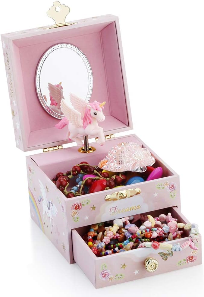 RR ROUND RICH DESIGN Kids Musical Jewelry Box for Girls with Drawer and Jewelry Set with Mysterious Unicorn - Over the Waves Tune Pink