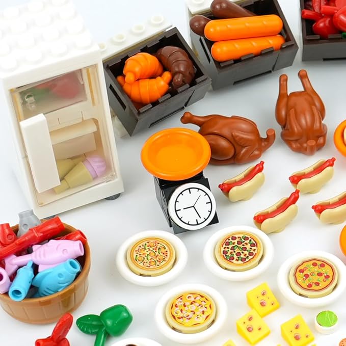 City Food Pieces Pack, Friends House Building Blocks Accessories, People Farm Kitchen Restaurant Comida Bricks Parts Sets, Pretend Play Food Toys for Kids Boys and Girls