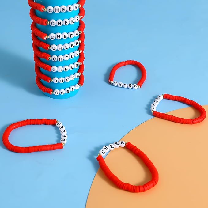 24 Pcs Cheerleader Gifts for Girls Handmade Friendship Bracelets for Teen Girls Stretch Cheer Bracelets Y2k Cheer Stuff Stackable Clay Bead Bracelets Bulk Teens Birthday Christmas Party Favors