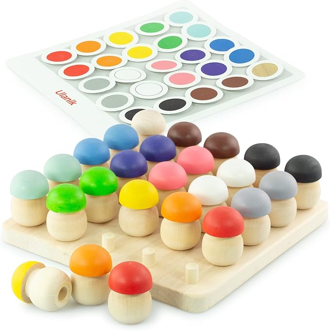 Ulanik Mushroom Glade Toddler Montessori Toys for 3 Year Old + Kids Wooden Mushrooms Game for Learning Color Sorting and Counting Preschool Education — 25 pcs
