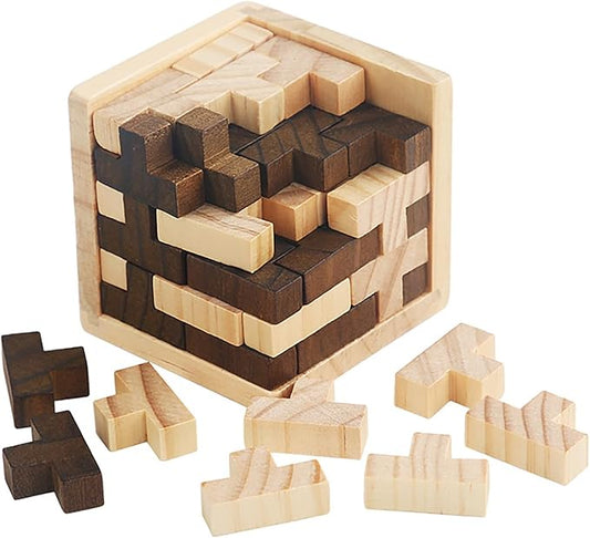 Wooden Brain Teaser Puzzle Cube Easter Basket Stuffers Wooden Puzzles T-Shaped Jigsaw Logic Puzzle Educational Toy for Kids and Adults by AHYUAN (Brown and Natural)