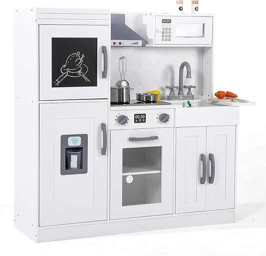 Wooden Play Kitchen with Cookware Accessories, Wooden Chef Pretend Play Set with, Wooden Cookware Pretend with Microwave, Oven, Sink, Real Lights & Sounds, White (201WA)