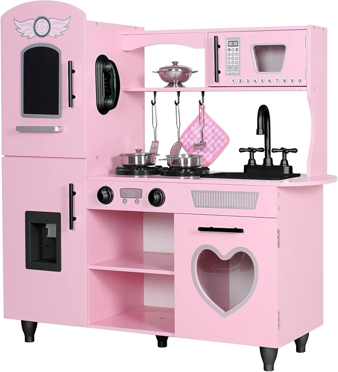 TaoHFE Play Kitchen, Pink Kids Kitchen Set for Girls Kitchen Set for Kids Ages 6-8 Gift Toddler Kitchen Set for Kid Age 3+ Kitchen Playset with Lights & Sounds Wooden Toy Kitchen Playset Gift
