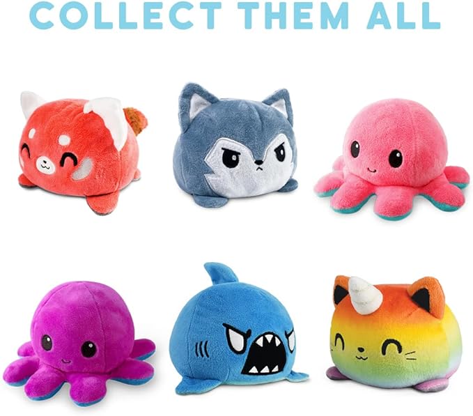 TeeTurtle Reversible Octopus Plushie 4-Inch Black + Gray Two-Sided Flip Plush Toy with Embroidered Details - Cute Mini Collectible Plush for Kids, Teens, and Adults