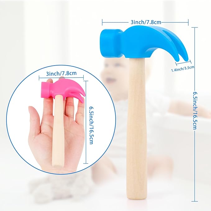 2 Pack Wooden Hammer Toys Simulation Hammers Maintenance Tools Educational Toys for Kids Birthday Party Games Supplies (Blue + Rose Red)