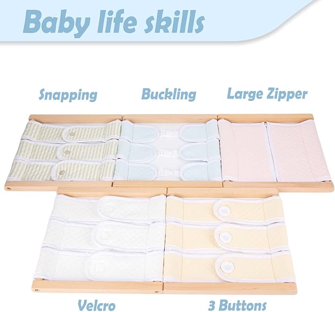 Montessori Wooden Toys for Dressing Learning Board Learning Basic Dressing Skills - Buttons, Snaps, Zippers, Belt Buckles & Velcro Toys for Toddlers 1 2 3 4 Year Old Sensory Toy Gifts(Buckle Clothing)