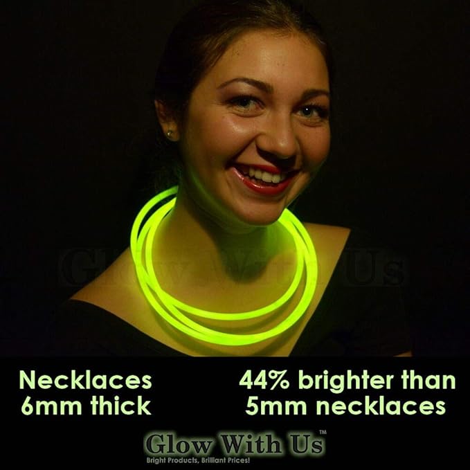 Glow Sticks Bulk Wholesale Necklaces, 100 22” Yellow Glow Necklaces. Bright Color, Glow 8-12 Hrs, Connector Pre-Attached, Sturdy Packaging, GlowWithUs Brand