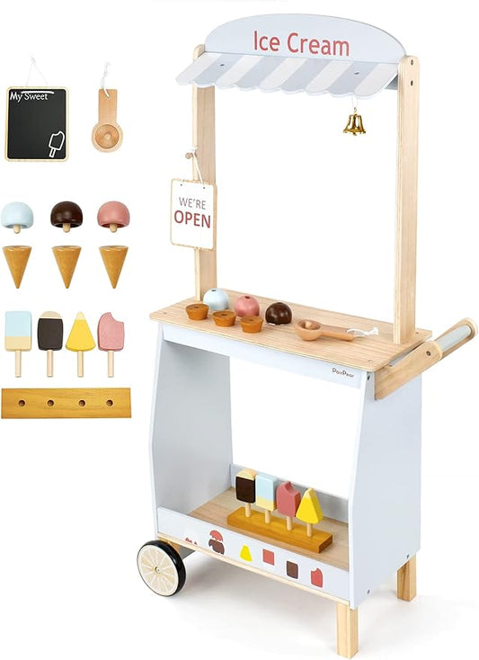 PairPear Wooden Toys Ice Cream Cart for Kids,Toddler Grocery Store Ice Cream Truck Playset,Pretend Play Food Kitchen Toys Gift for Boys and Girls 3 Years and up