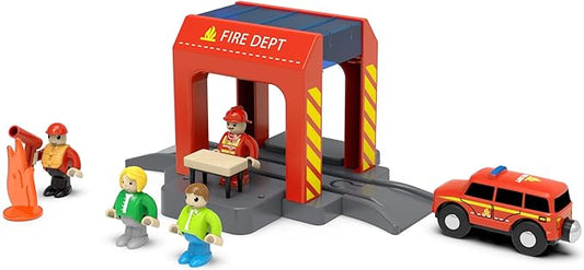 Wooden Train Track Expansion Pack, Train Accessories of City Fire Station Compatible for All Major Brands Train Set, Train Toys Railway System for Kids Ages 3 and Up.