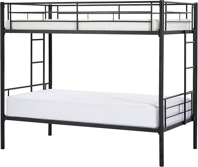 VECELO Twin Over Twin Bunk Bed with Built-in Ladder and Safety Guardrail, Heavy Duty Metal Bunkbeds, Space Saving, No Box Spring, Black