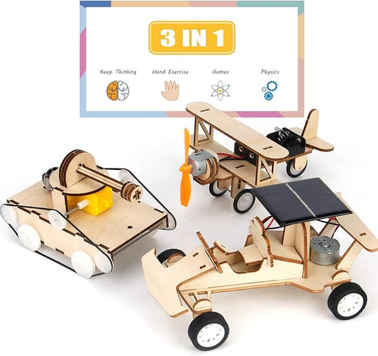Mini Tudou 3D Wooden Puzzle Solar Car, 3-in-1 STEM Science Kit Toy to Build Wood Models Including Solar Power Vehicle Electronic Tank and Plane Toys Set, DIY Educational Play Set for Kids Boys Girls